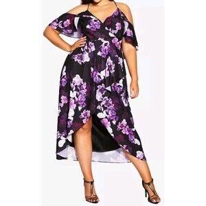 City Chic Audrey Maxi Wrap Dress XL 22 Night Bloom Floral Cold Shoulder NWT